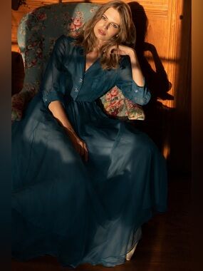 Black Iris 100% Silk Maxi Dress Green Organza Long Sleeve Sheer Gown Layered 10